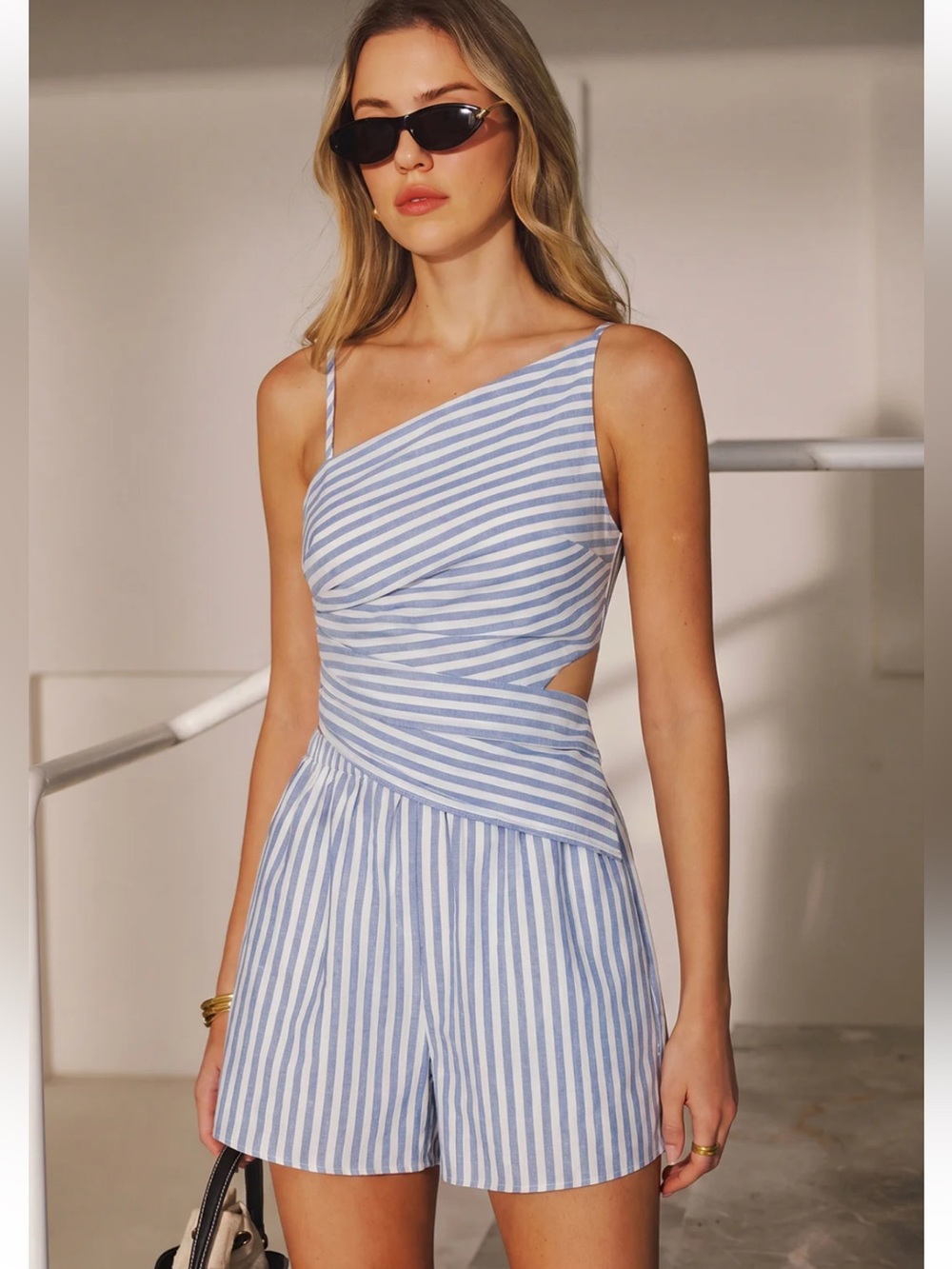 Commense Striped Cotton Blend Cutout Top & Shorts Set Size XS NWT
